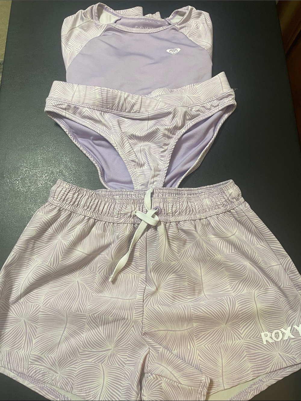 Roxy Girls' Lavender Swim Bottoms and Shorts Set 3 pieces used/good Sz.M 10/12